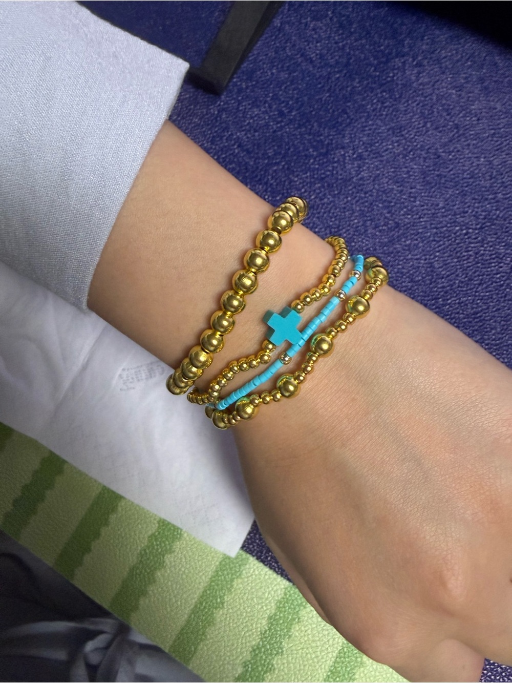 Gold Bead and Turquoise Cross Stackable Bracelet Set 4-piece